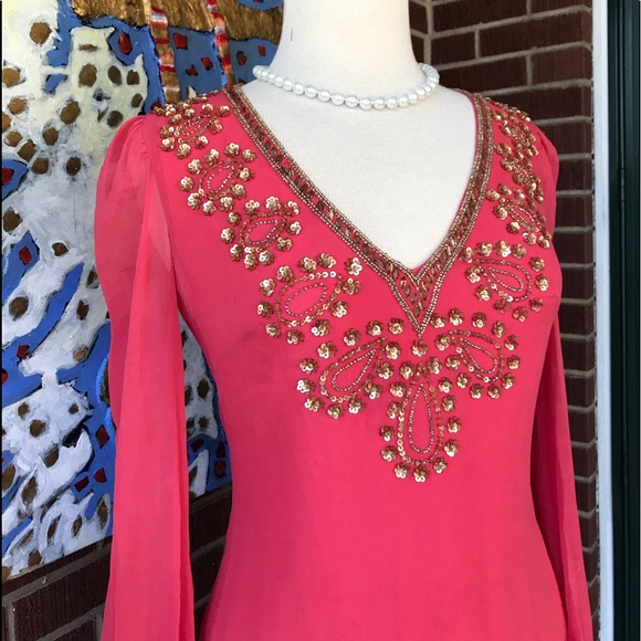 French Connection Sequined Coral Silk Shift Dress - Picture 8 of 8